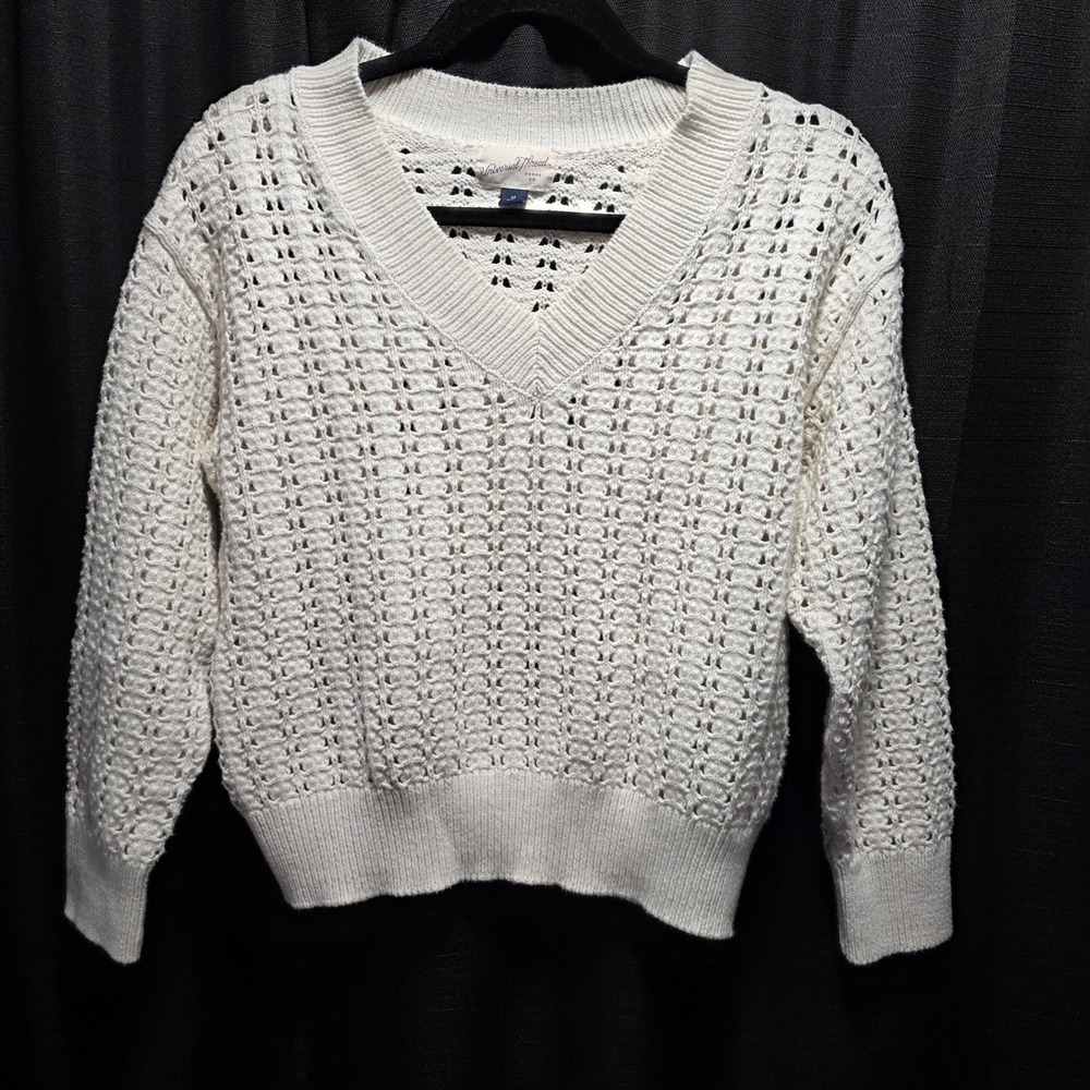 Universal Thread Cream Open Knit V-Neck Pullover Sweater Womens Medium Ivory
